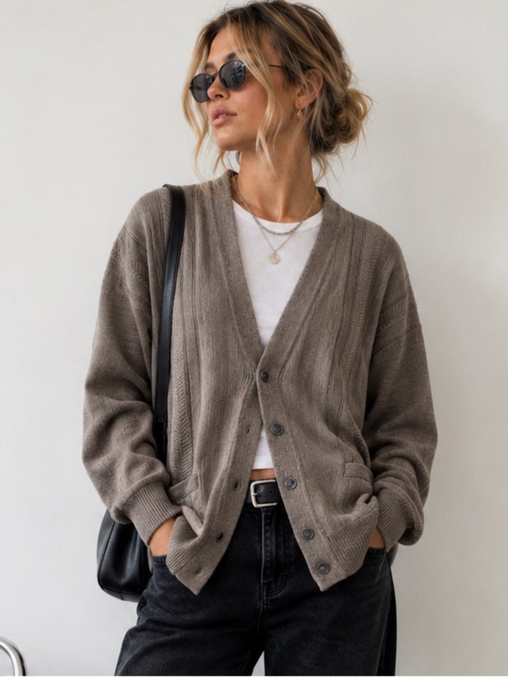 Vintage LINDBERGH CHIC Japan Wool Cardigan Brown Grandpa Knit Sweater M